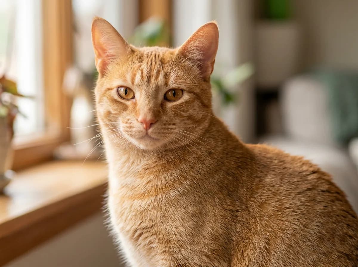A photorealistic head-and-shoulders portrait of an orange ticked tabby cat with finely agouti-banded apricot fur, minimal body stripes, and a faint M marking on the forehead