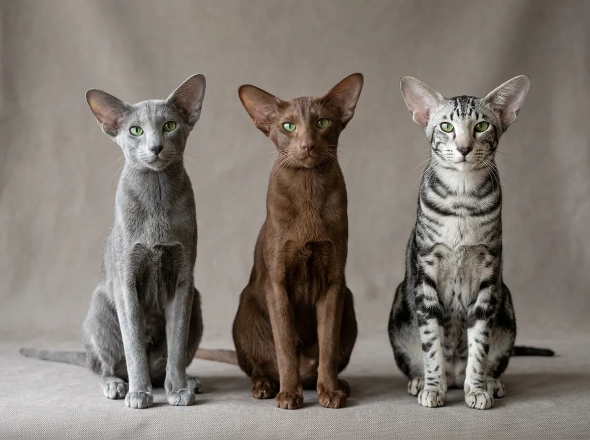 Three Oriental Shorthair cats sitting together, one solid blue gray, one chocolate brown, one silver tabby, all with large ears and slim bodies