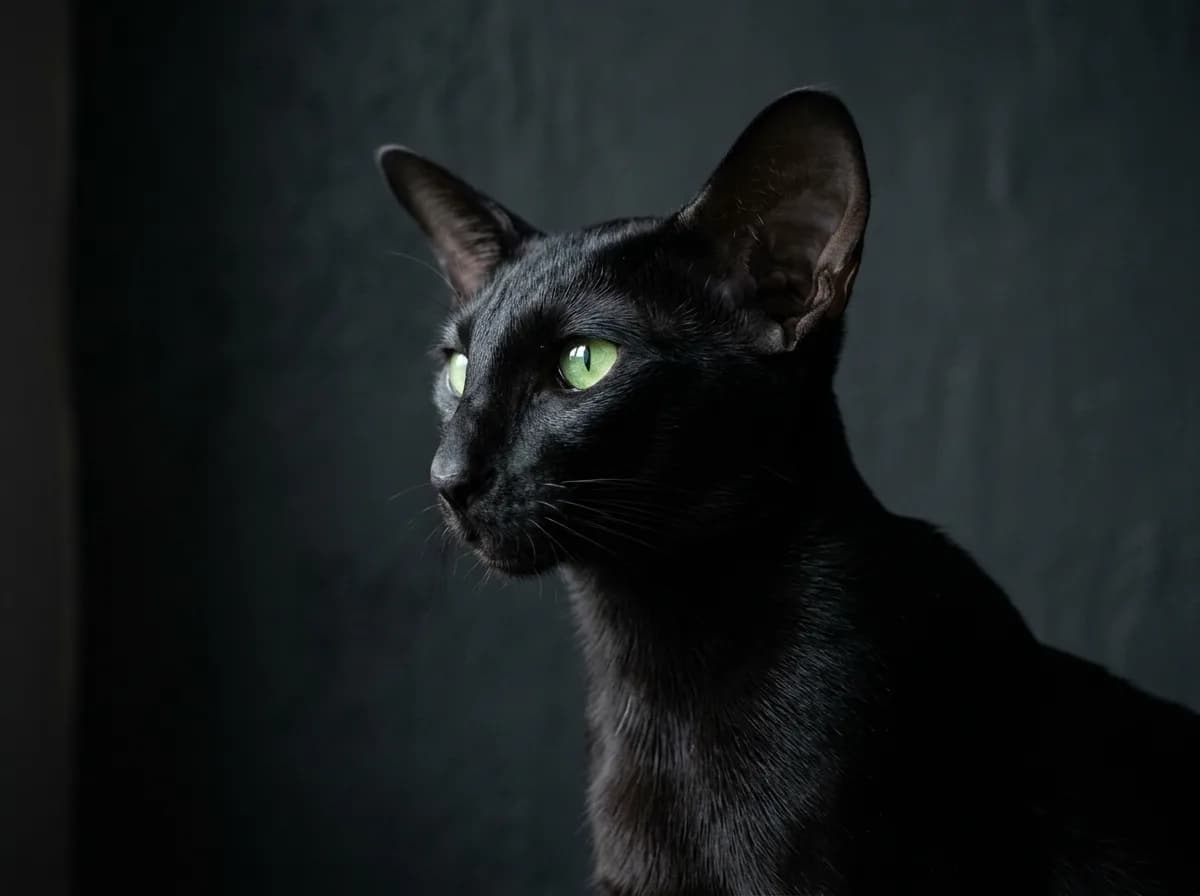 Close-up portrait of a solid black ebony Oriental Shorthair with luminous green almond-shaped eyes and very large ears against a dark background
