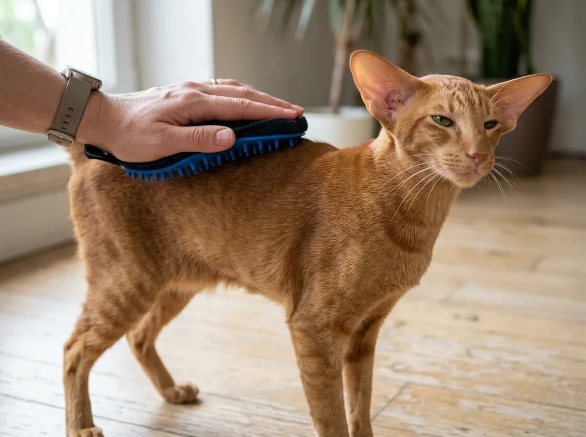 A hand grooming a sleek red Oriental Shorthair with a rubber mitt, showing the short glossy close-lying coat with no undercoat