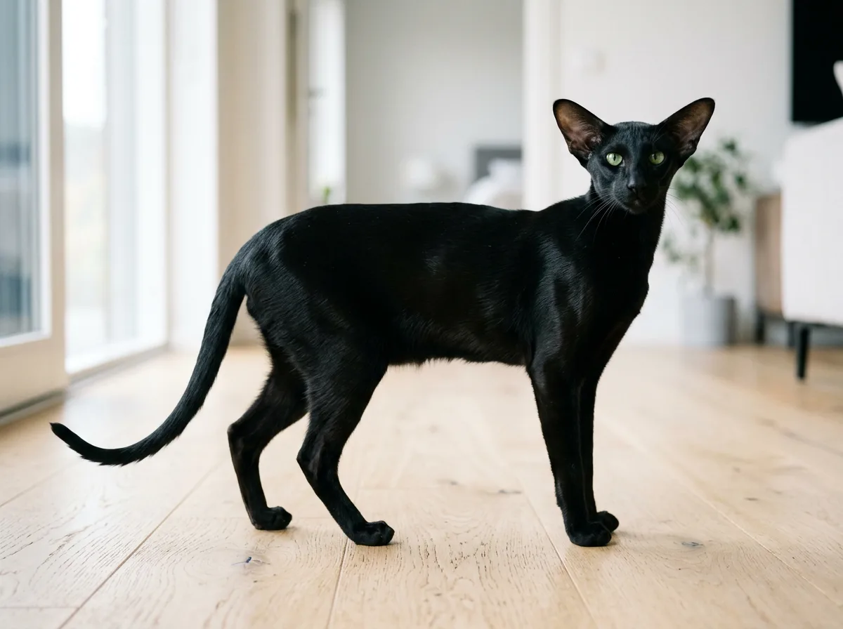 A sleek solid black ebony Oriental Shorthair cat standing in profile on a light wood floor, showing its long body, whippy tail, and very large ears
