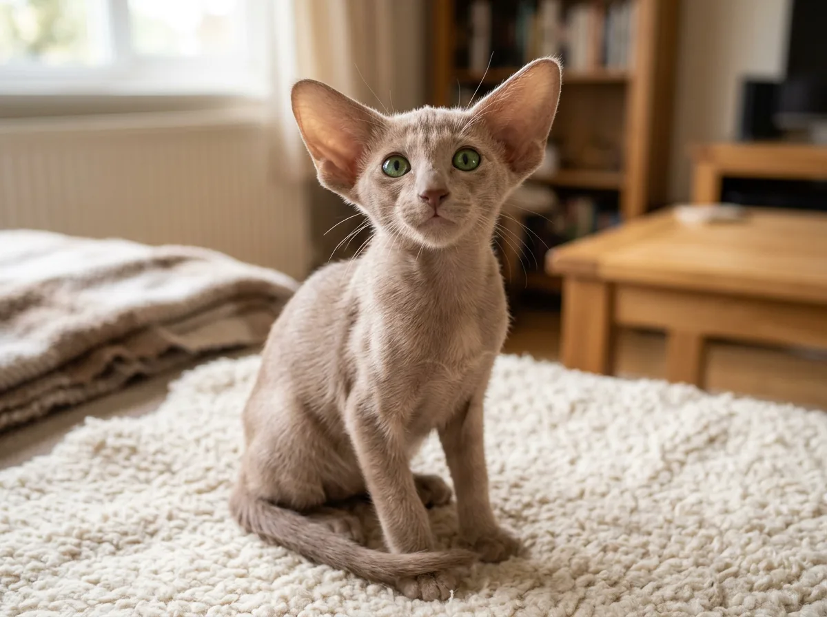 A young lilac fawn Oriental Shorthair kitten with oversized ears sitting on a cream rug looking up curiously with big green eyes