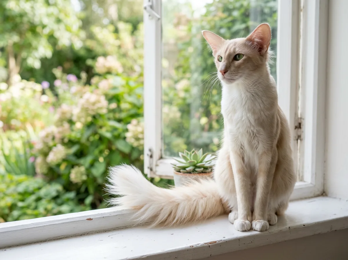 An Oriental Longhair cat with a soft cream and white coat and a feathery plumed tail, the same large ears and slim body, sitting on a windowsill