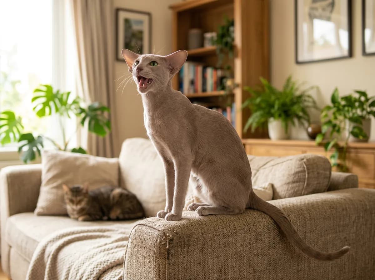 A lilac Oriental Shorthair cat perched on a sofa back meowing loudly, mouth open and huge ears forward, a tabby housemate napping behind