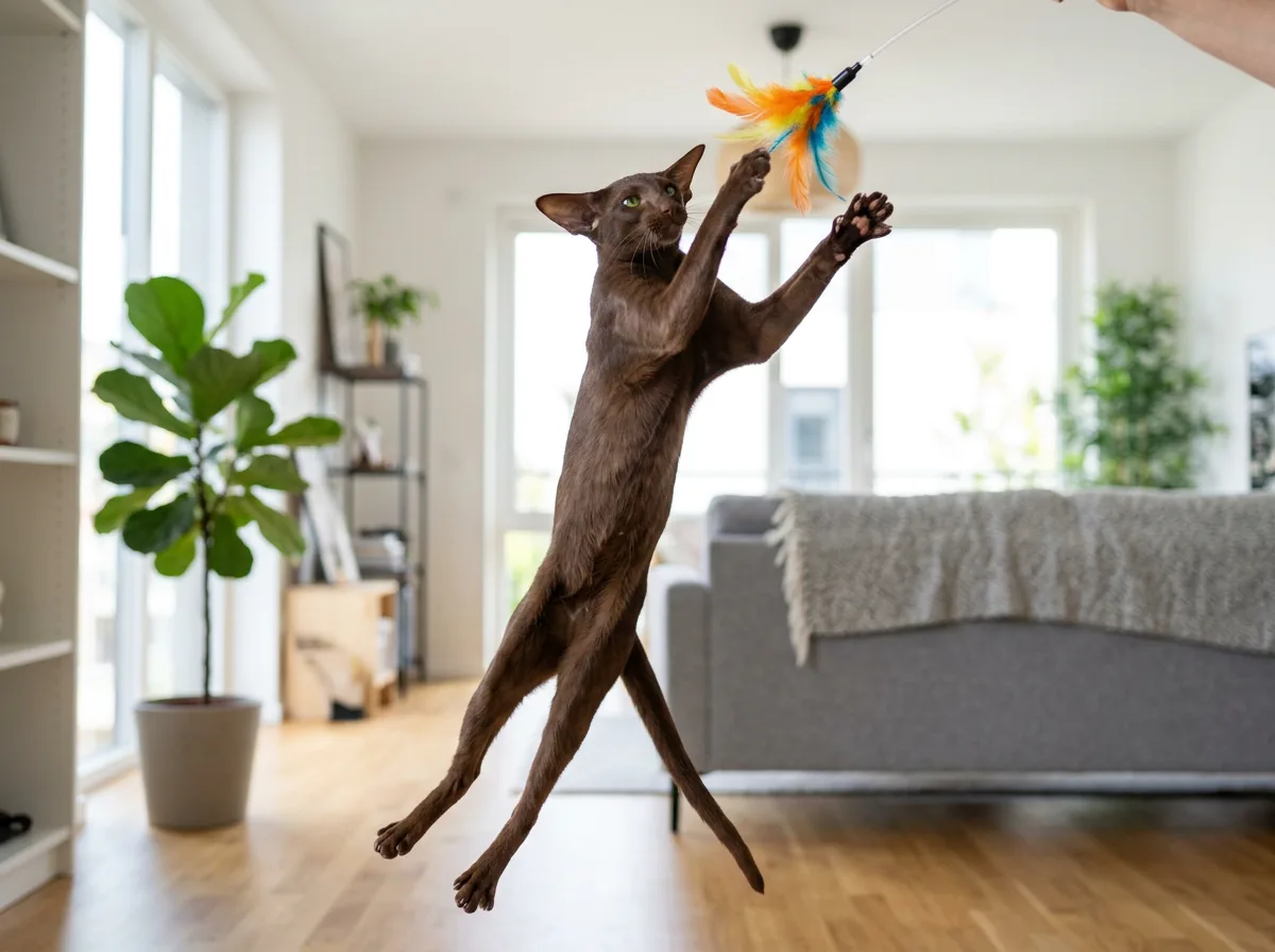 An athletic chocolate Oriental Shorthair mid-leap reaching for a feather wand toy in a bright living room, body fully extended, large ears back, motion energy