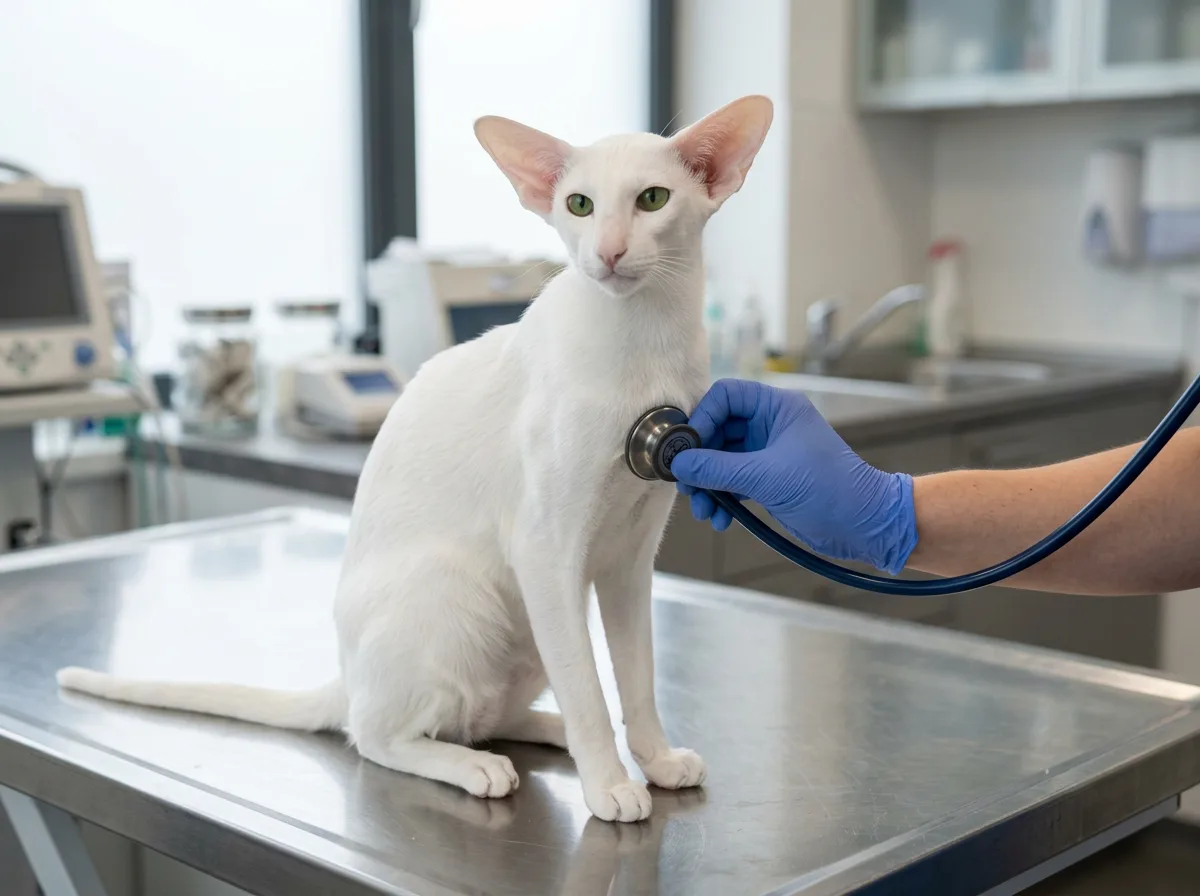 A white Oriental Shorthair cat sitting calmly on a stainless steel exam table as a gloved hand holds a stethoscope to its chest in a bright clinic