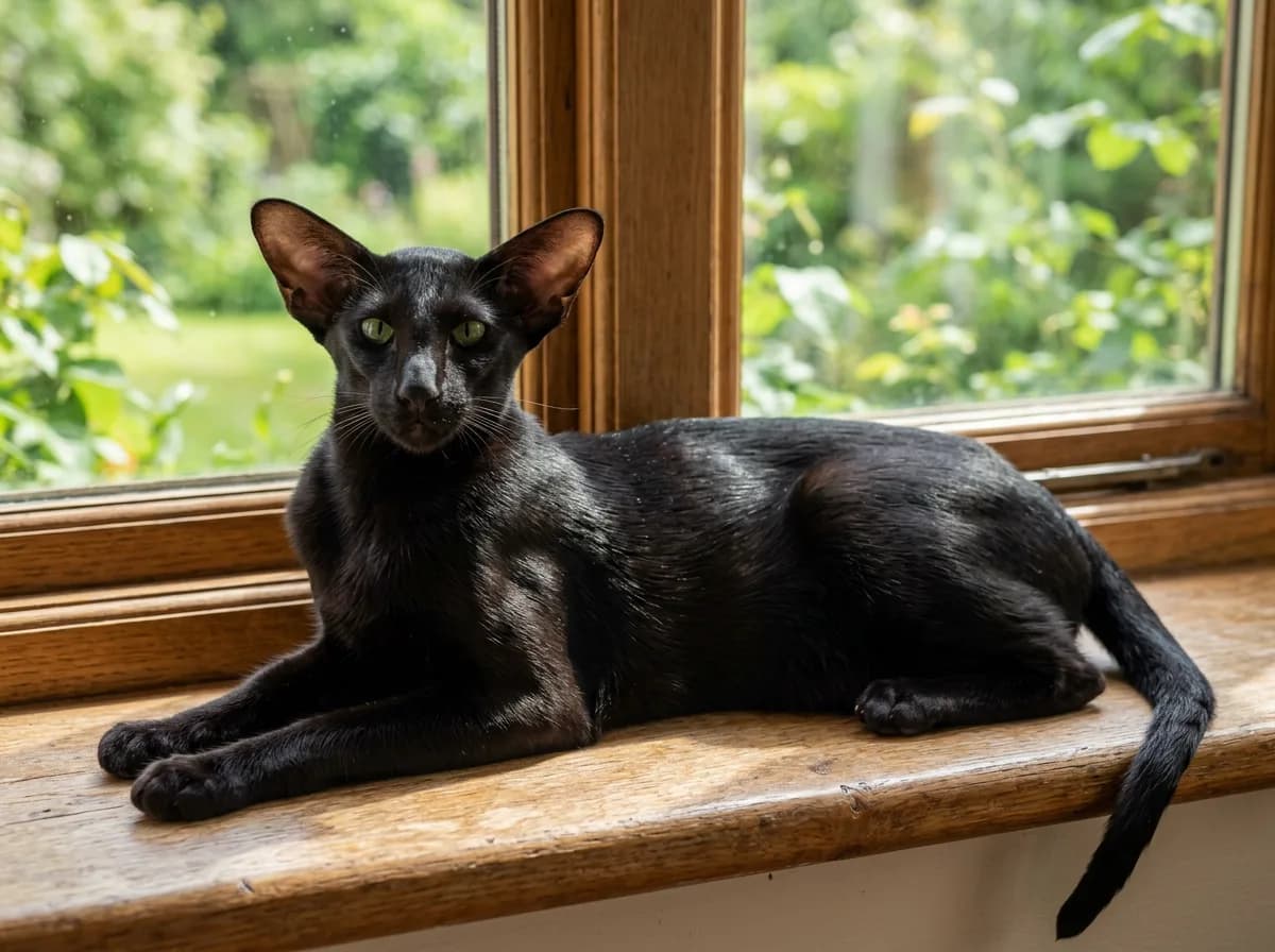 A solid black (ebony) Oriental Shorthair cat with a glossy jet-black coat, very large ears, and green eyes lying on a sunlit wooden windowsill with garden greenery behind it