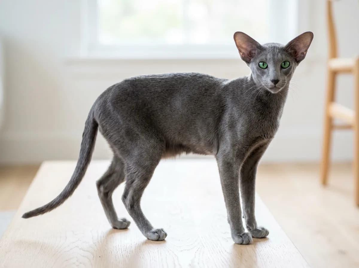 A blue (slate-gray) Oriental Shorthair cat with a soft gray coat, green eyes, and large pointed ears, standing on a light surface