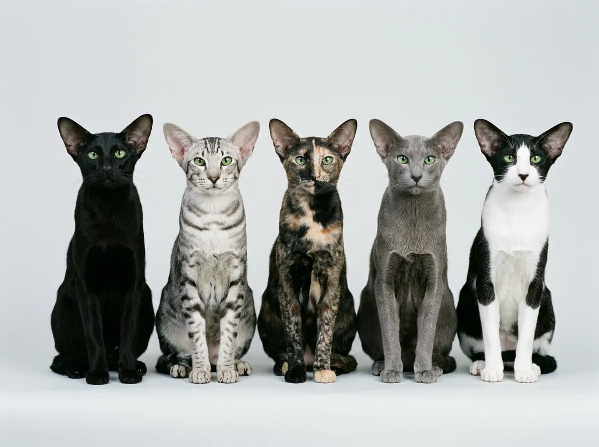 Five Oriental Shorthair cats in a row showing the color families: solid black, silver tabby, tortoiseshell, solid blue, and black and white bicolor