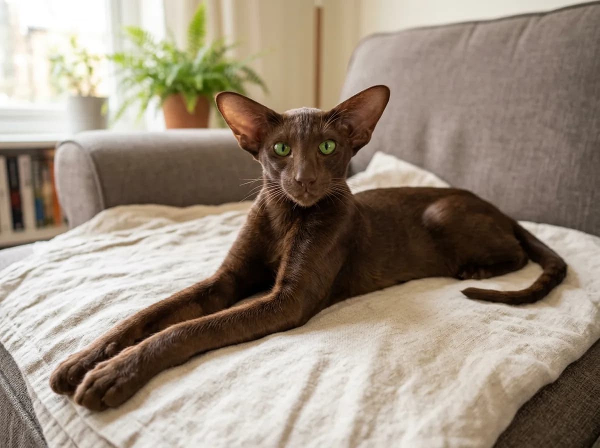 A chocolate-brown (chestnut) Oriental Shorthair cat with a warm even brown coat, green eyes, and large ears, lying down and looking at the camera