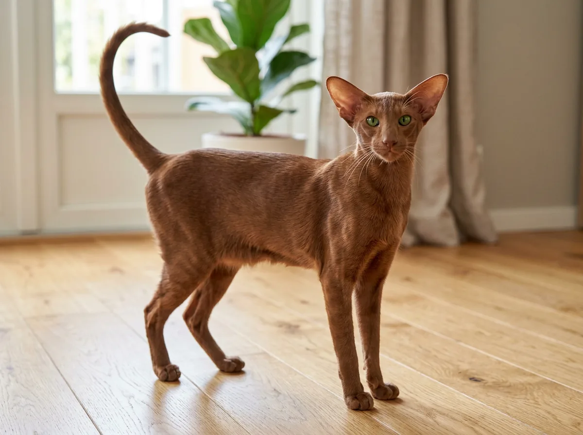 A cinnamon-colored Oriental Shorthair cat with a warm reddish-brown coat, green eyes, and large ears, standing alert with its long tail curved