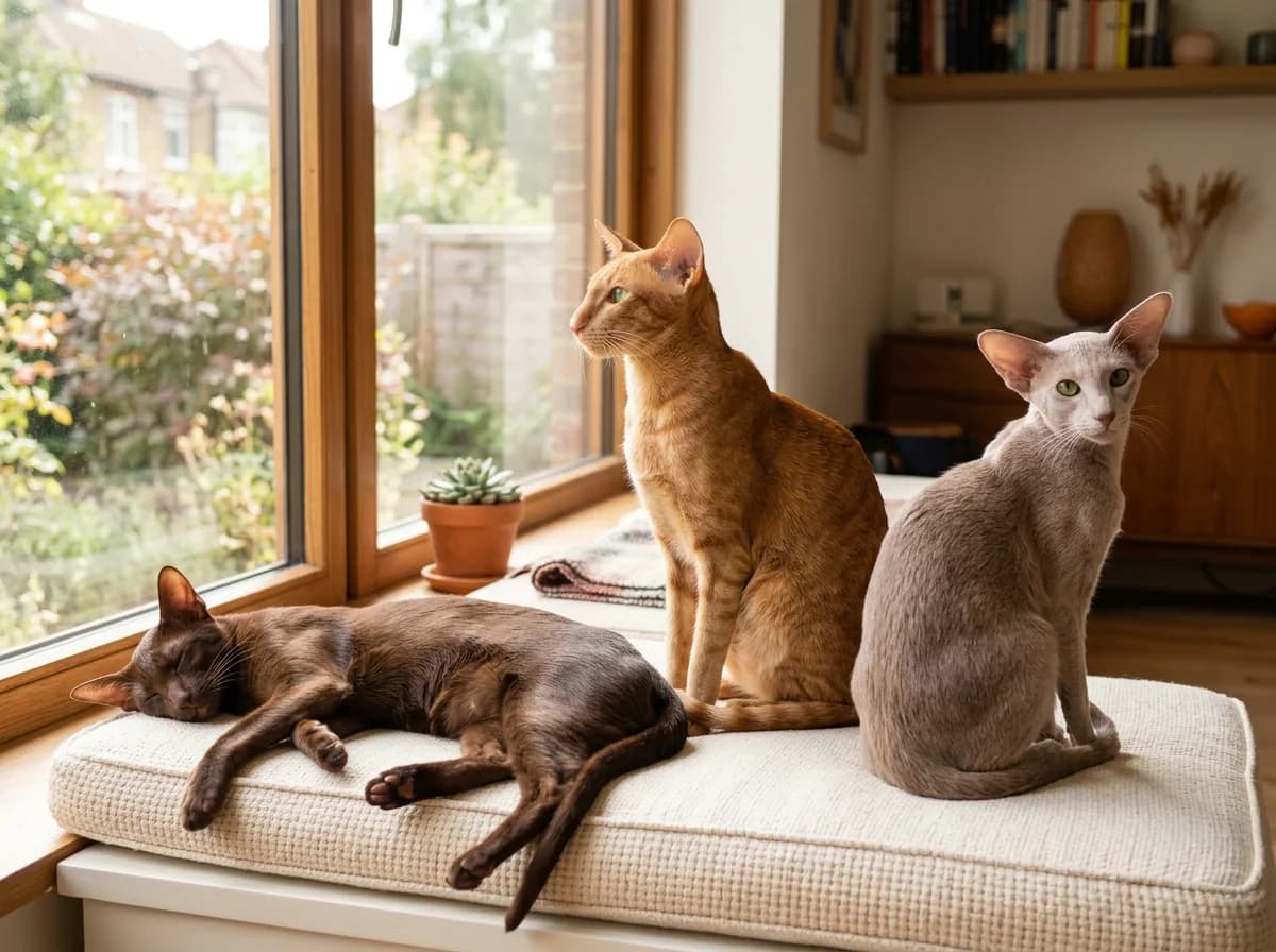 Three Oriental Shorthair cats in different colors relaxing on a sunny window seat: a chocolate brown cat lying down, a red ginger cat gazing out the window, and a lavender cat facing the camera