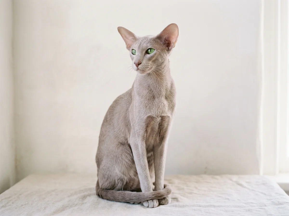 A lavender (lilac) Oriental Shorthair cat with a soft frosty pinkish-gray coat, green eyes, and very large ears, sitting elegantly against a pale backdrop