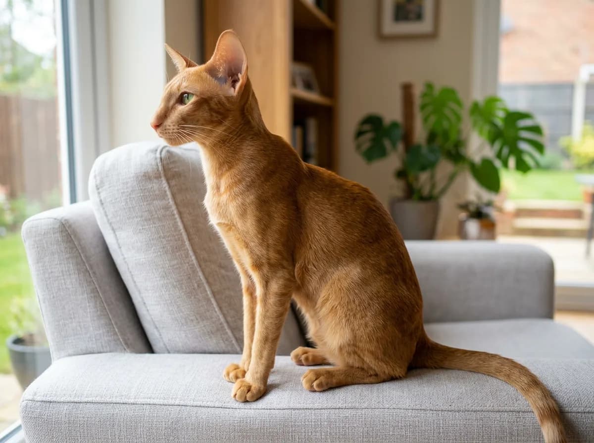 A red (warm ginger) Oriental Shorthair cat with a glossy orange coat, green eyes, and large ears, sitting and looking off to the side