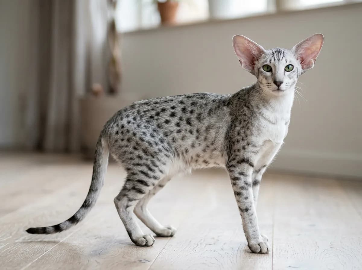 A silver spotted tabby Oriental Shorthair cat with dark spots over a pale silver coat, huge flaring ears, and green eyes, standing on a wood floor