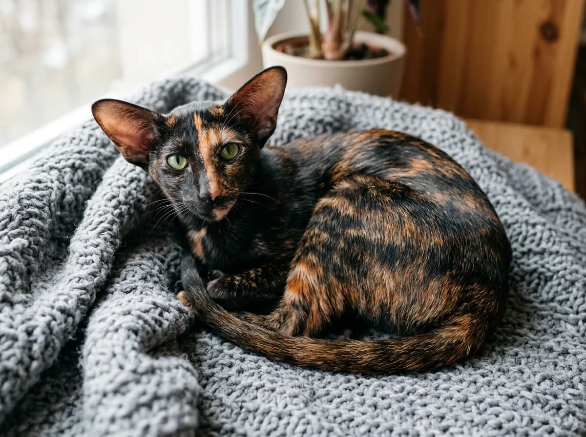A tortoiseshell Oriental Shorthair cat with a marbled mix of black and red patches across its coat, green eyes, and large ears, curled up and looking at the camera