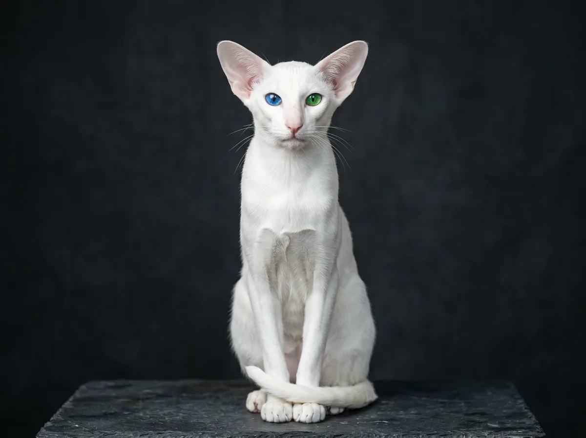 A solid white Oriental Shorthair cat with a pure white coat, large ears, and striking odd eyes, one blue and one green, sitting upright against a dark background
