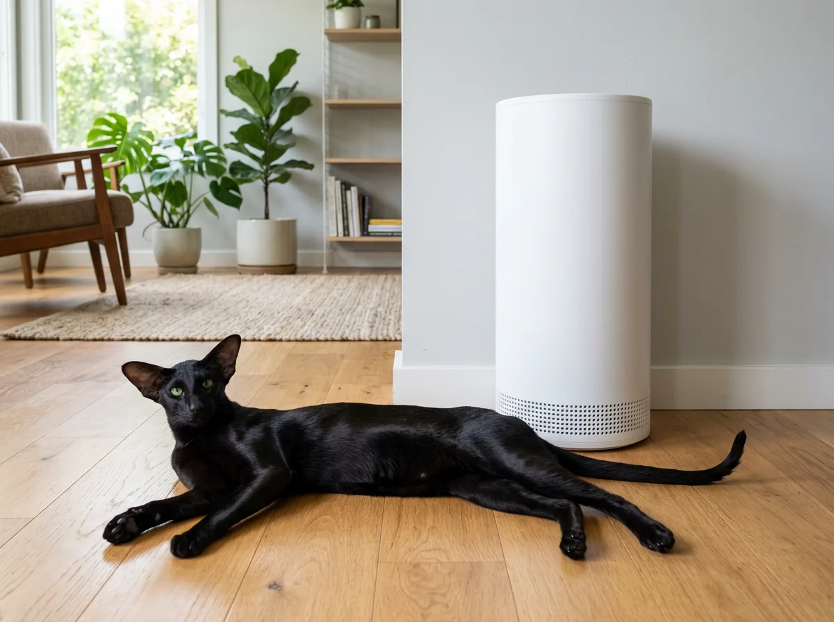 A modern HEPA air purifier running in a tidy living room with an Oriental Shorthair cat lounging nearby on a hard wood floor, illustrating allergen control at home