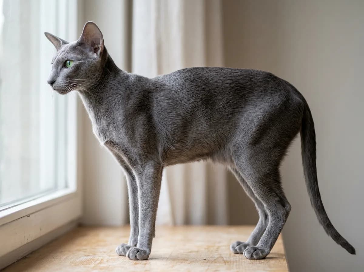Detailed side view of an Oriental Shorthair's fine short single-layer coat lying sleek and close to the body with no fluffy undercoat, highlighting the low-shedding texture