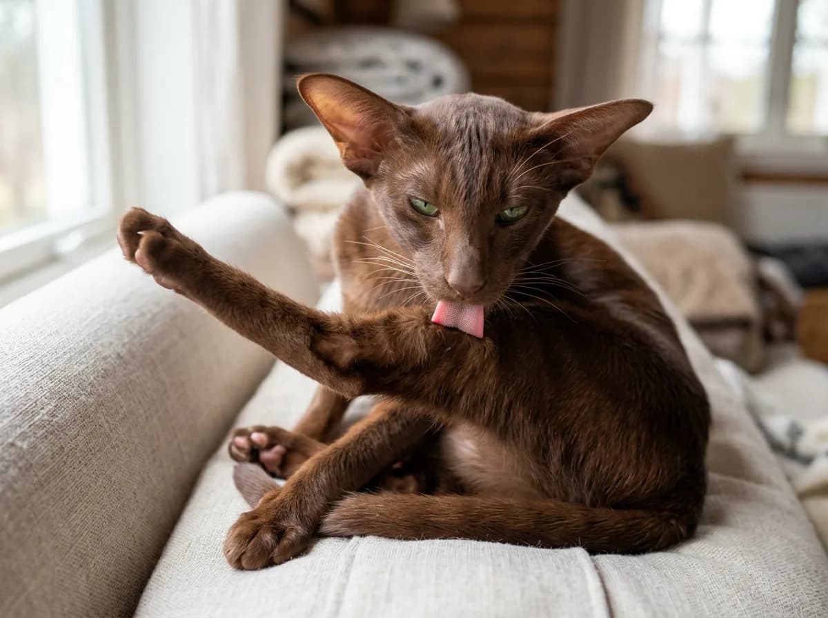 Close-up of an Oriental Shorthair grooming itself with its tongue, illustrating how saliva spreads Fel d 1 protein across the short fine coat