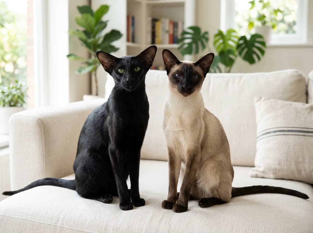An ebony Oriental Shorthair and a colorpointed Siamese cat sitting side by side on a sofa, showing the same slim body and large ears but different coat colors