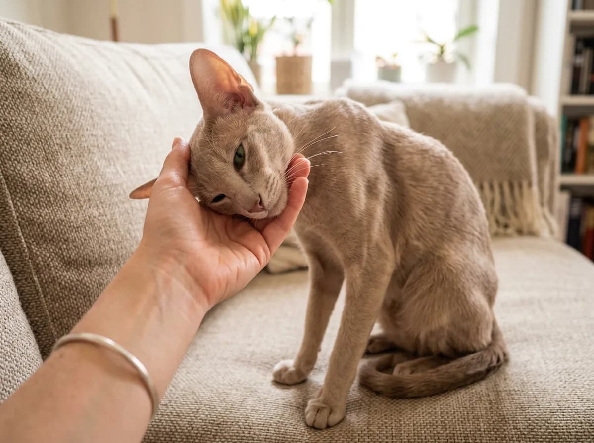 A fawn Oriental Shorthair cat pressing its head affectionately into an open hand on a sofa, showing the breed's velcro, people-oriented personality