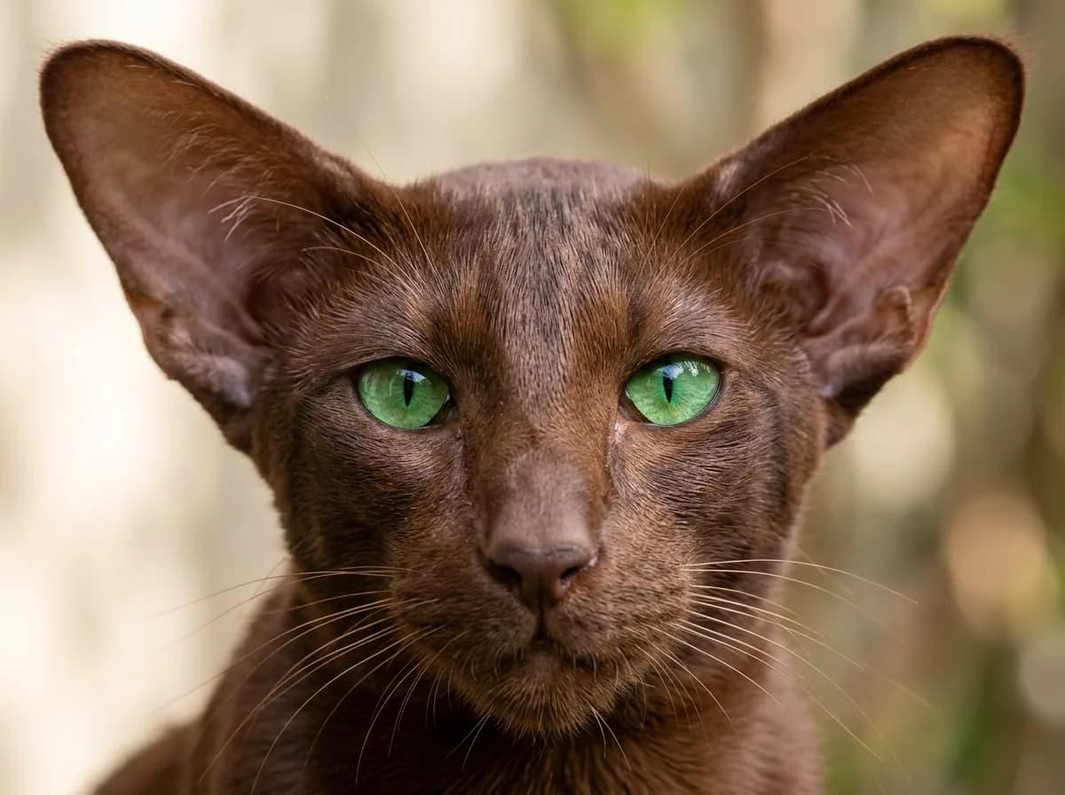 Close-up of an Oriental Shorthair cat's almond-shaped green eyes and large ears in soft natural light