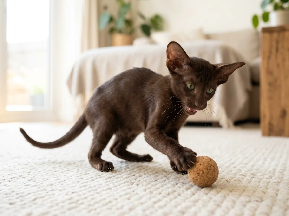 A young chocolate Oriental Shorthair kitten with oversized ears playing with a small ball on a carpet in a bright home