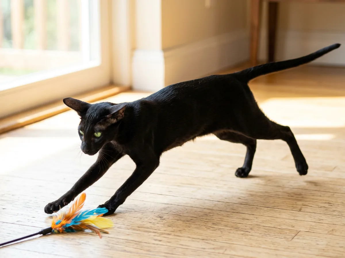A lean, athletic ebony Oriental Shorthair cat sprinting low across a sunlit wood floor chasing a feather toy
