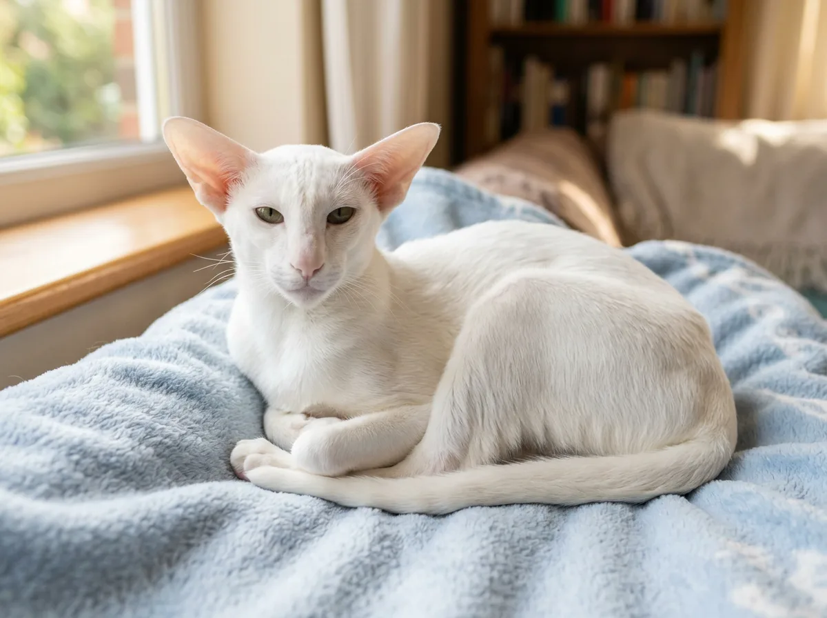 A senior white Oriental Shorthair cat with large ears resting comfortably on a soft blanket, looking healthy and content