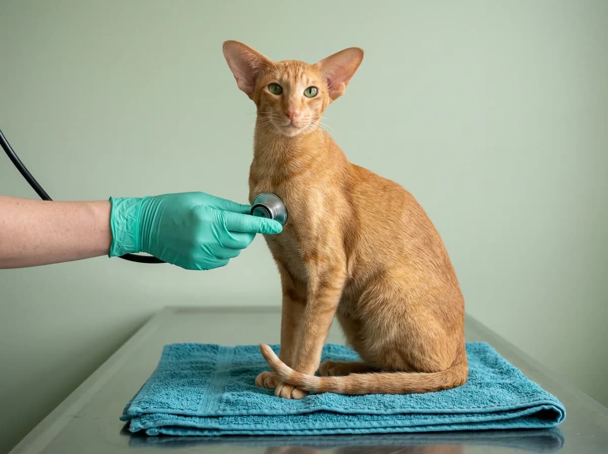 A gloved hand pressing a stethoscope to the chest of a red Oriental Shorthair cat sitting on a teal towel on a veterinary exam table
