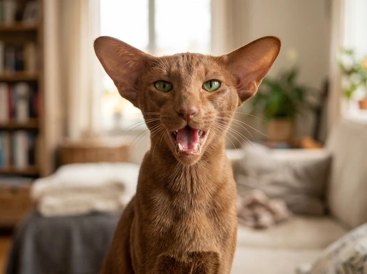 A cinnamon Oriental Shorthair cat with very large ears and green almond-shaped eyes looking at the camera with its mouth open mid-meow, warm indoor light