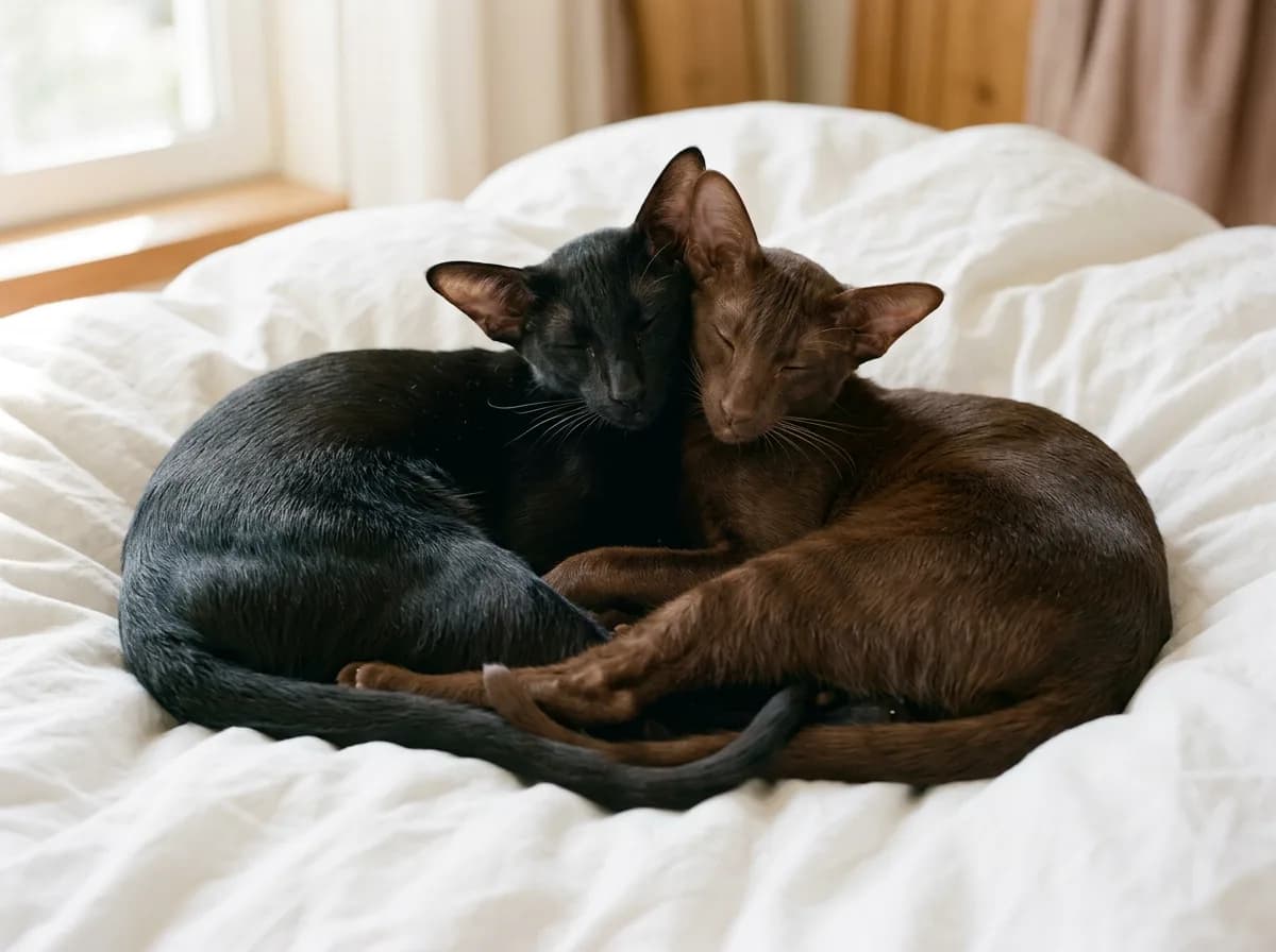 Two Oriental Shorthair cats, one ebony black and one chocolate brown, curled up together asleep in a pile on a soft bed, large ears visible, warm natural light