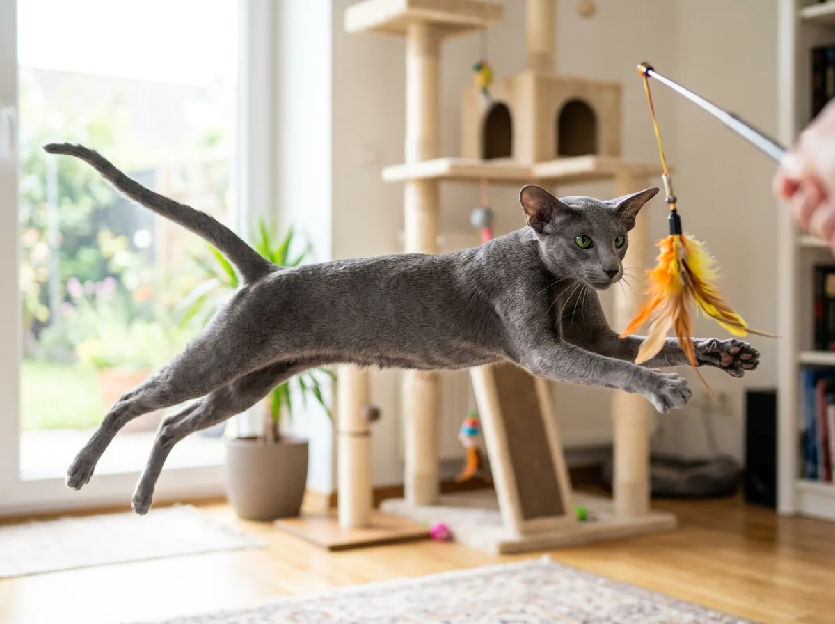 An athletic blue grey Oriental Shorthair cat mid-leap reaching for a feather wand toy, body fully extended, in a bright living room with a cat tree in the background
