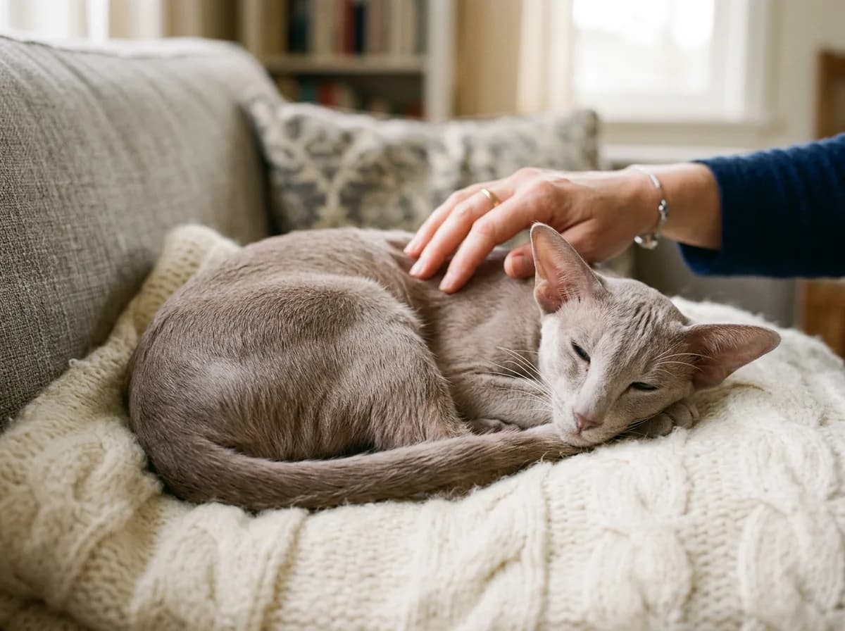 A lavender lilac Oriental Shorthair cat curled on a knit blanket on a sofa being stroked by a hand, eyes half closed and content, in a cozy living room