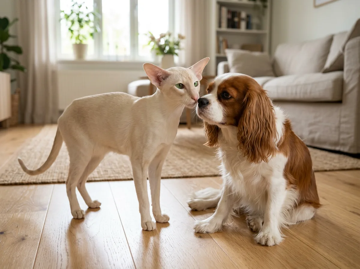 A curious cream colored Oriental Shorthair cat touching noses with a friendly small dog on a living room floor, both relaxed, bright home interior