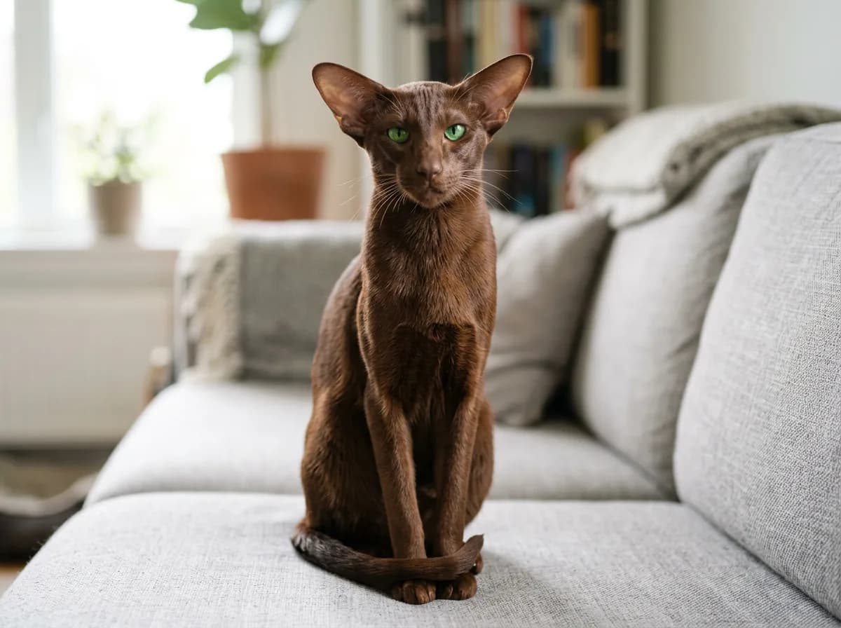 A sleek chestnut brown Oriental Shorthair cat with very large ears and green almond-shaped eyes sitting upright on a light gray couch
