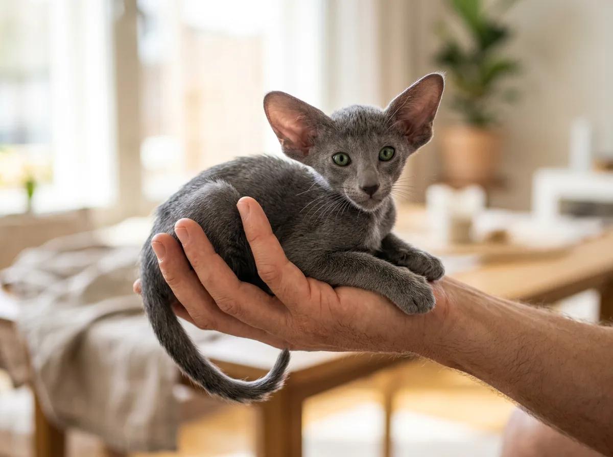 A blue gray Oriental Shorthair kitten with oversized ears and a slim body cradled gently in an open hand in a bright home