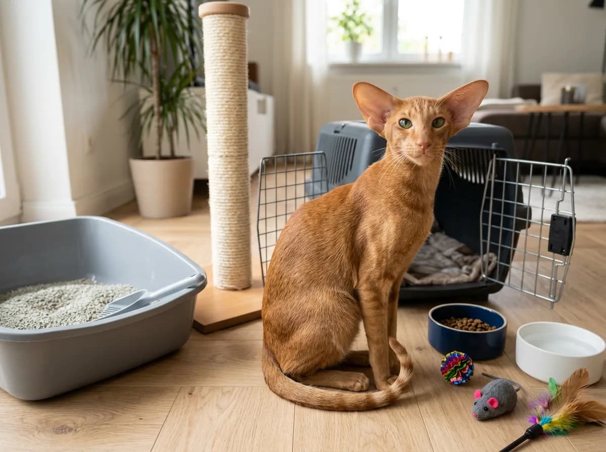 New cat supplies on a wood floor (litter box, scratching post, bowls, carrier, toys) with a red Oriental Shorthair cat sitting among them