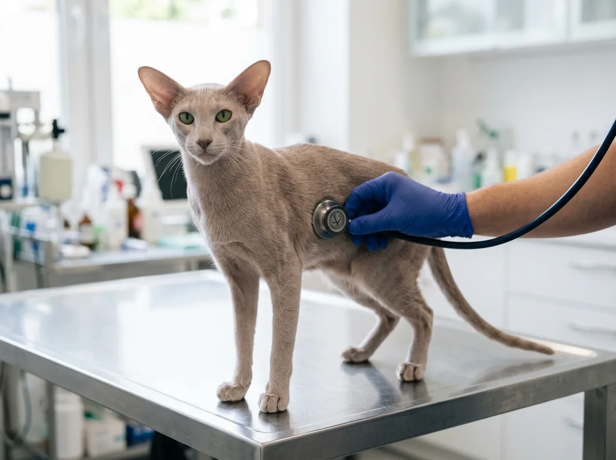 A lilac Oriental Shorthair cat standing on a clinic exam table as a gloved hand rests a stethoscope against its side, large ears upright