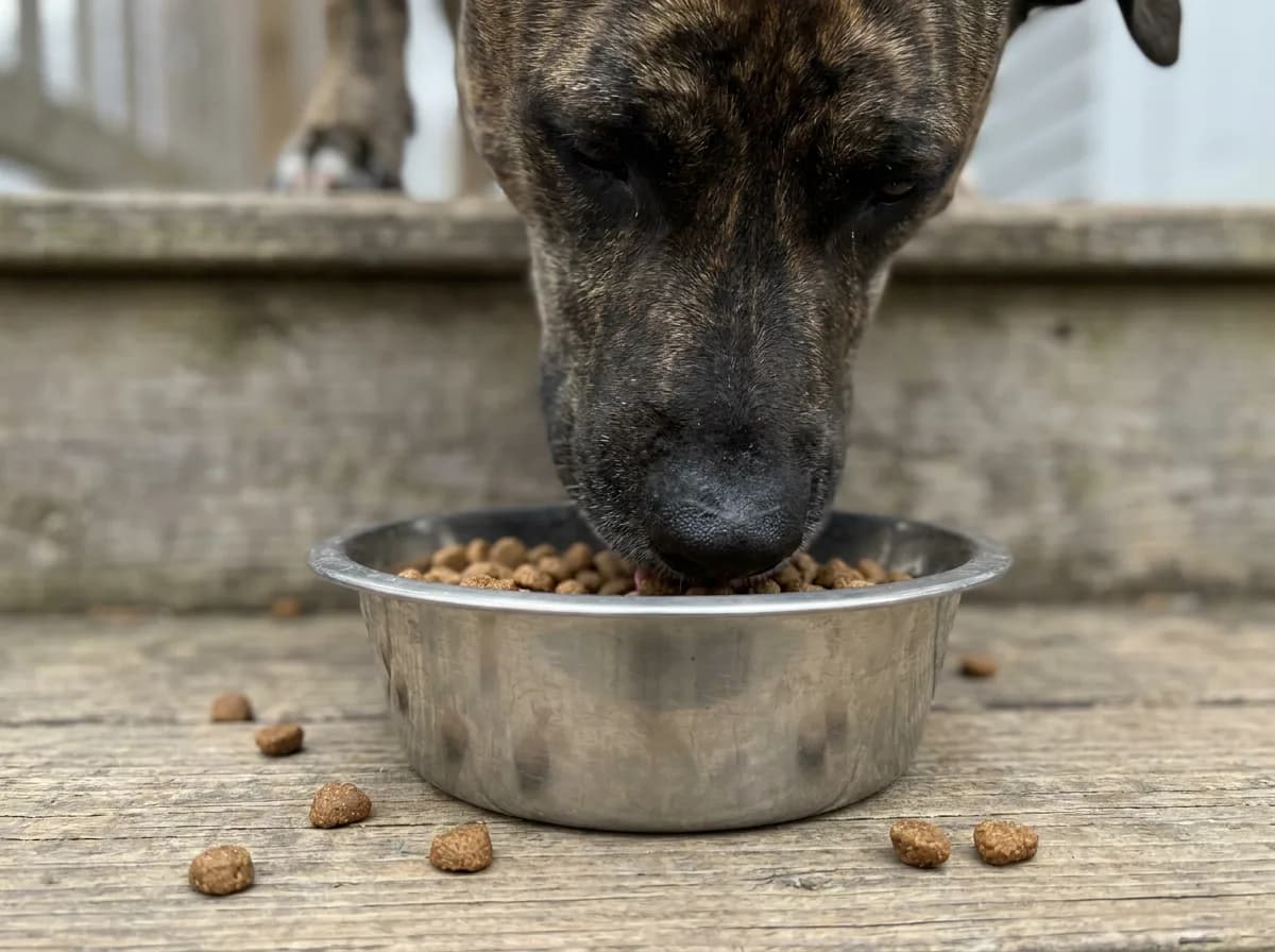 A brindle dog eating kibble from a plain steel bowl on a wooden porch step.