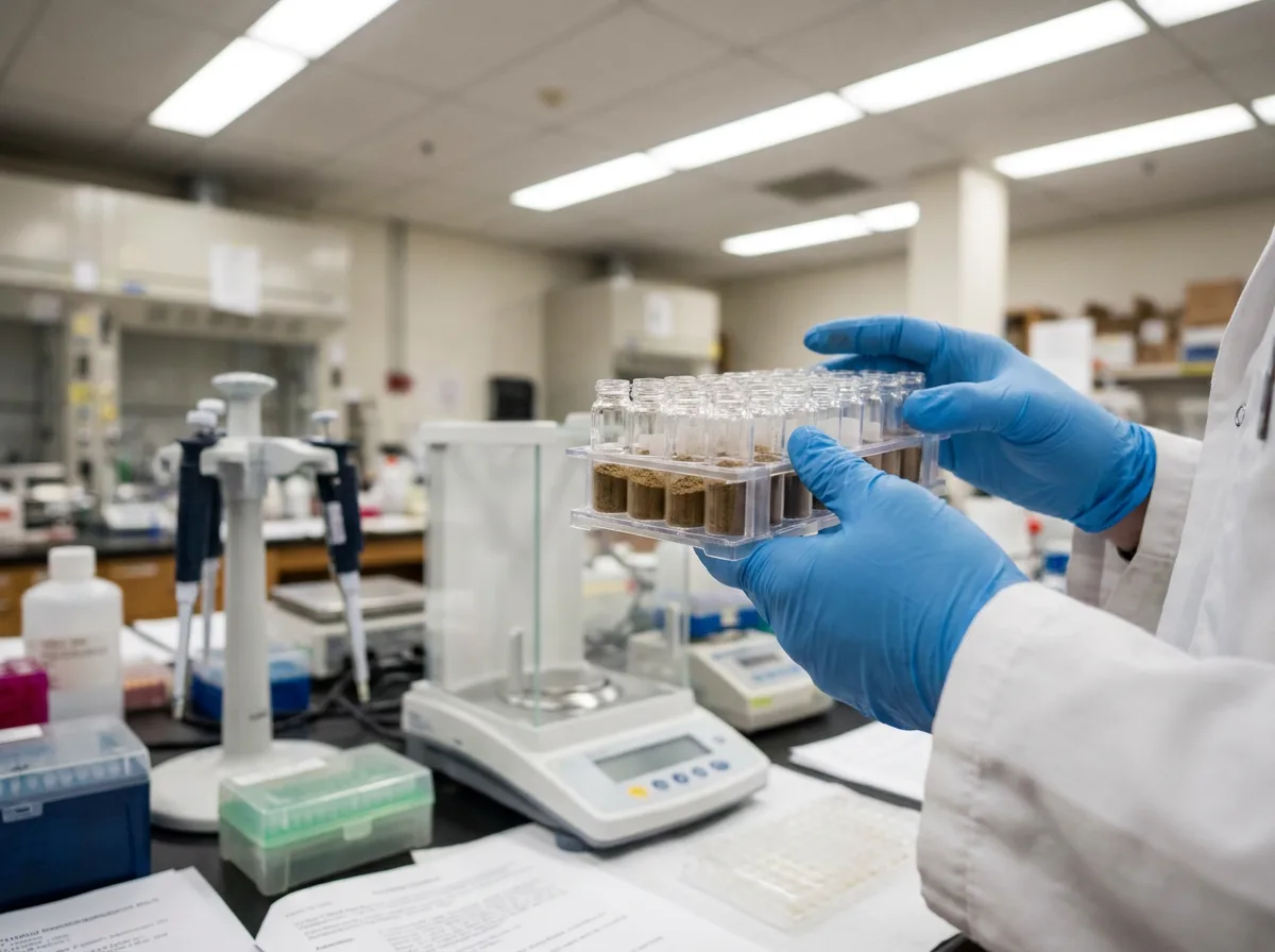 A gloved laboratory technician holding a rack of small sample vials on a lab bench.