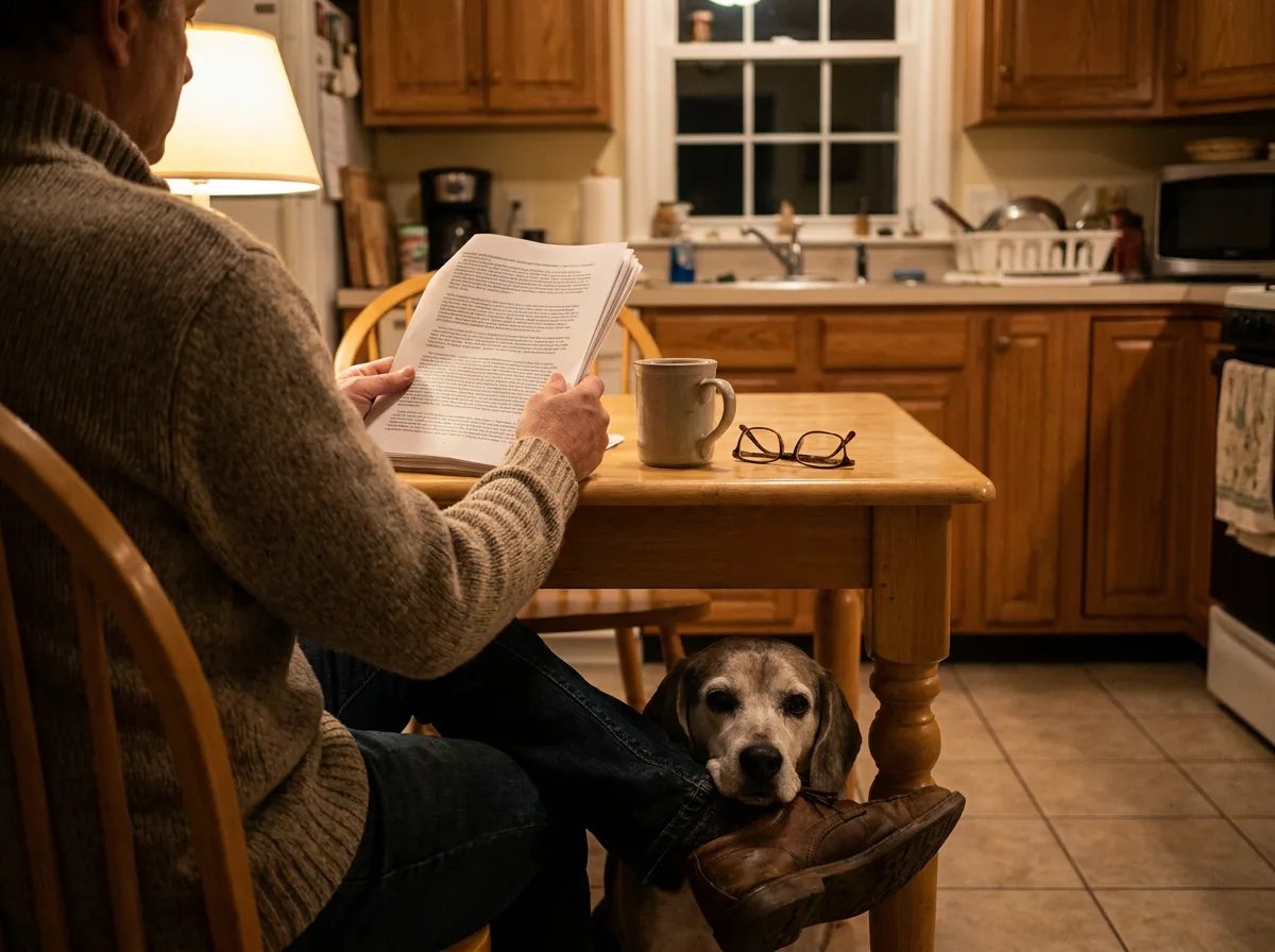 An owner reading printed pages at a kitchen table at night while a beagle rests its chin on their shoe.