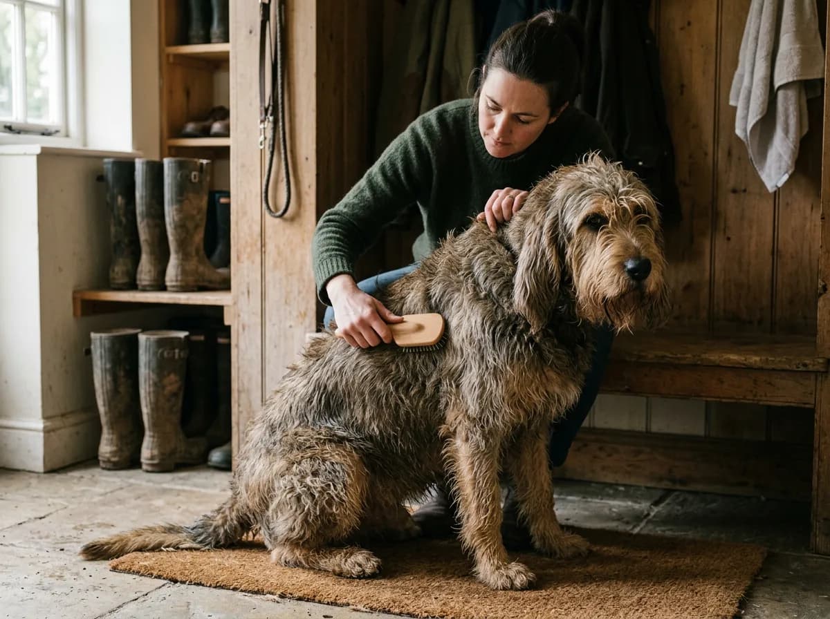 Hands brushing an Otterhound shaggy double coat