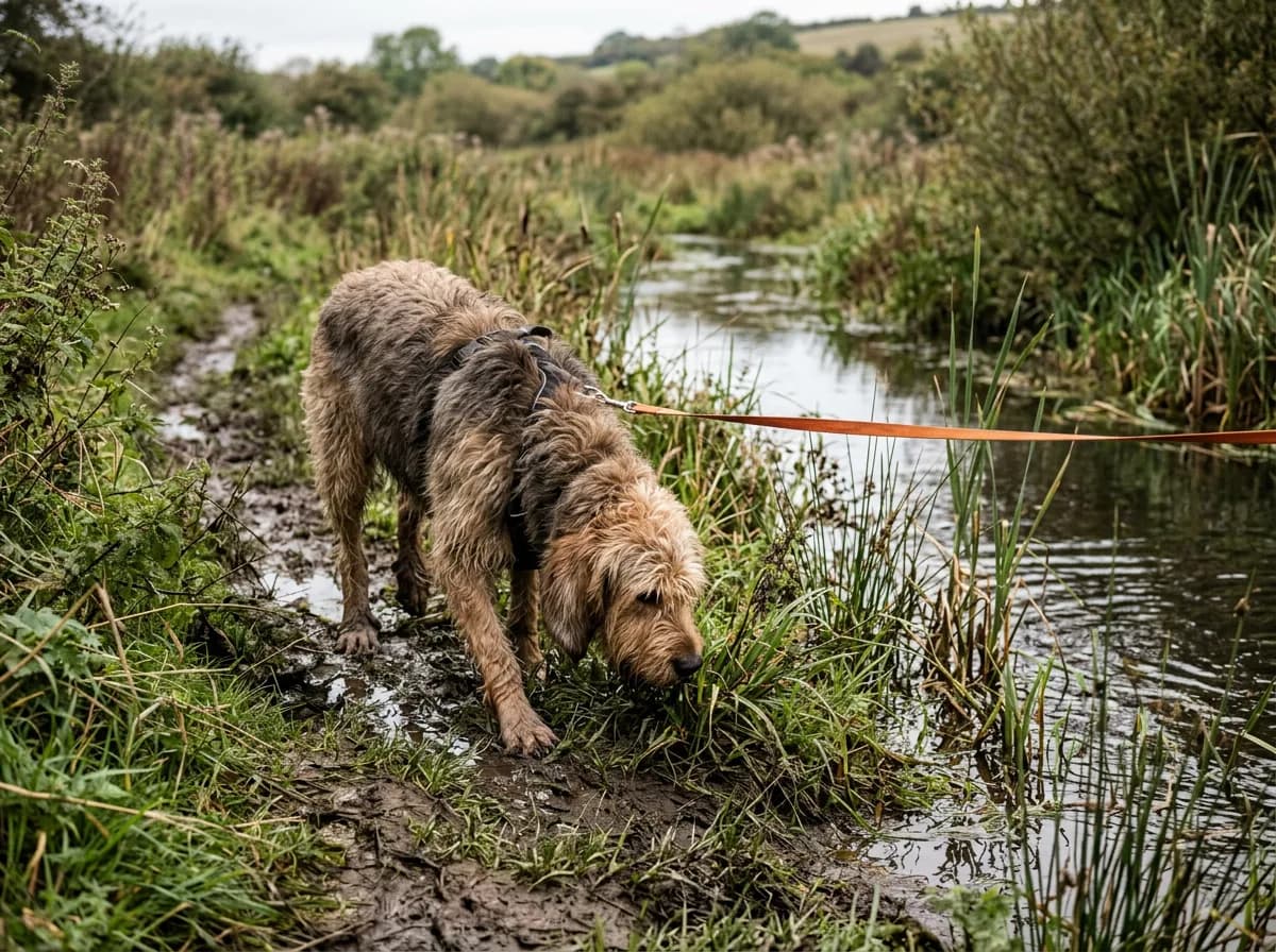 Otterhound on a long-line sniff walk beside water