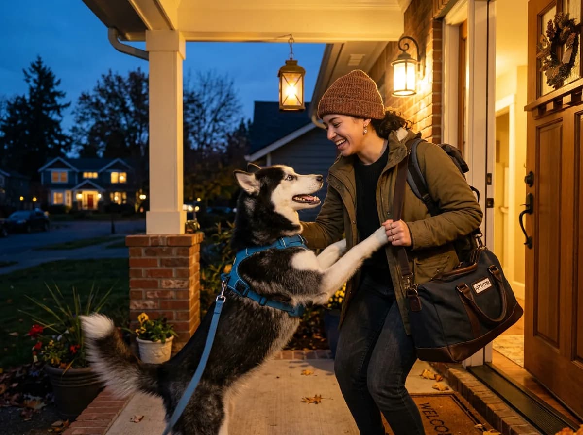 An overnight sitter arriving in the evening with a bag, greeting a happy husky at the front door
