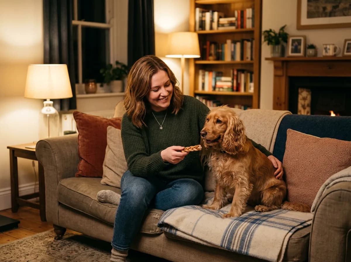 A cocker spaniel and its overnight sitter settling in for the evening in a lamp-lit living room