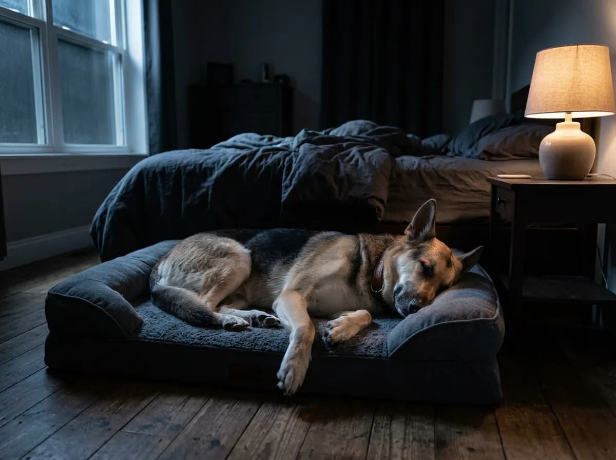 A calm shepherd-mix dog resting on a large dog bed on the floor of a dim bedroom at night