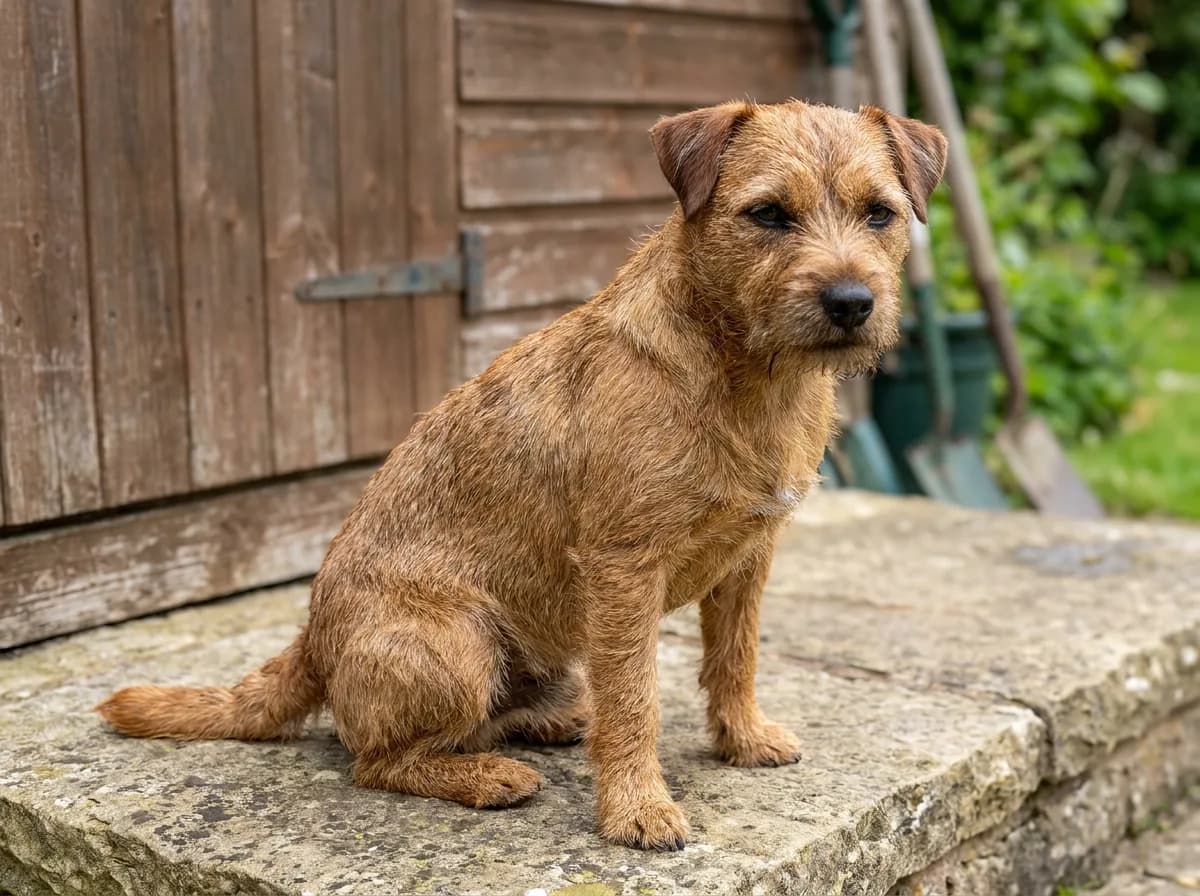 Red broken-coated terrier sitting beside a wooden door