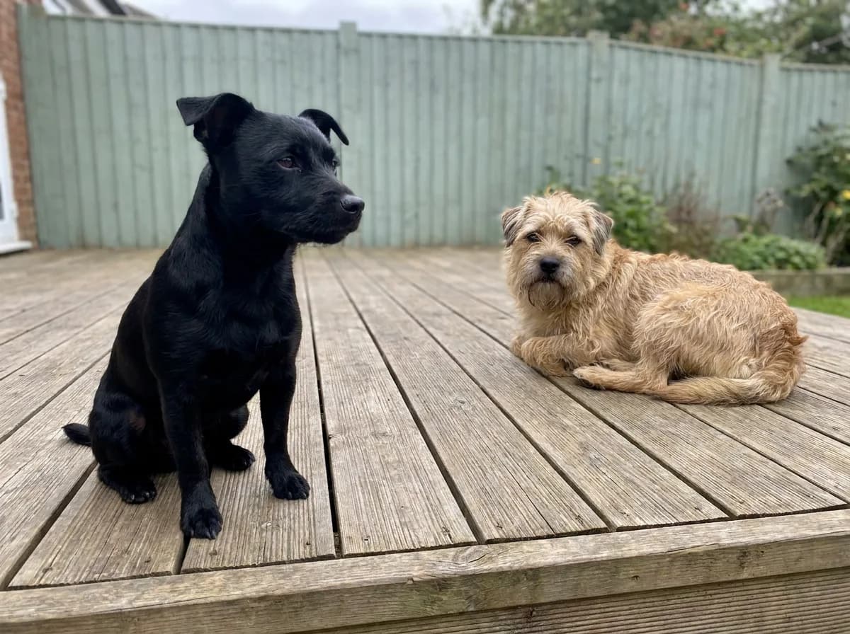 Smooth black and rough tan terrier-type dogs resting apart on a deck